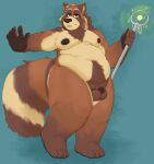  2021 anthro balls belly black_nose brown_body brown_fur canid canine flaccid fur genitals hi_res humanoid_genitalia humanoid_hands humanoid_penis magic male mammal moobs nipples overweight overweight_male penis raccoon_dog solo staff starston tanuki 