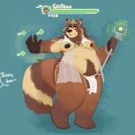  2021 absurd_res anthro balls belly bottomwear brown_body brown_fur canid canine clothing fur genitals hi_res humanoid_hands leaf loincloth magic male mammal moobs navel nipples overweight overweight_male raccoon_dog solo staff starston tanuki 