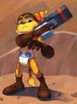  2021 absurd_res anthro bodily_fluids boots clothing diaper extry footwear genital_fluids gloves gun handwear hi_res lombax male mammal ranged_weapon ratchet ratchet_and_clank solo sony_corporation sony_interactive_entertainment standing urine video_games watermark weapon wet_diaper wetting 