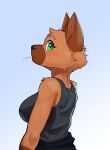  2021 absurd_res anthro blush breasts brown_body brown_fur canid canine canis clothed clothing domestic_dog eyebrow_piercing facial_piercing female fur gradient_background green_eyes hi_res mammal piercing ruribec shirt simple_background solo tank_top topwear 