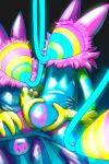  2021 4_fingers absurd_res anthro black_background blue_body bulge canid canine deltarune digital_drawing_(artwork) digital_media_(artwork) duo_focus fingers fur glistening glowing green_body group hi_res lock_bulge male mammal markings mask multicolored_body null_bulge padlock_symbol pink_body pink_ears pink_fur rubber sexotheque simple_background striped_arms striped_body striped_markings stripes undertale_(series) video_games werewire yellow_body yellow_hands 