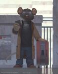  2021 anthro biped black_body black_fur bottomwear cellphone clothing detailed_background fur humanoid_hands jokjaebissi male mammal mouse murid murine outside pants phone rodent shirt smartphone solo topwear 