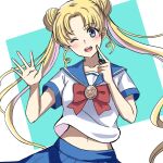  1girl absurdres bishoujo_senshi_sailor_moon blonde_hair blue_eyes blue_skirt collarbone commentary_request double_bun eyebrows_visible_through_hair forehead hand_up hexagram highres index_finger_raised long_hair navel one_eye_closed open_mouth sailor_moon school_uniform skirt solo star_of_david teeth tsukino_usagi twintails two-tone_background upper_body upper_teeth user_rskj8724 
