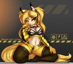  absurd_res anthro bottomwear breasts cleavage clothed clothing female hi_res hybrid inner_ear_fluff japanese_text legwear lightly_breeze_(pony-way) looking_at_viewer navel pony-way shorts smile solo stockings text tuft warning_sign 