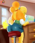  absurd_res animal_crossing anthro canid canine canis clothing domestic_dog fart fart_cloud female hi_res isabelle_(animal_crossing) mammal moon_pearl nintendo office smile solo succubi_samus video_games 