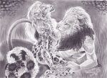  absurd_res anthro bigcat felid female graphite hi_res lion male mammal pantherine snow_leopard traditional_media_(artwork) 
