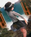  1girl beckoning bow brown_eyes brown_hair collared_shirt dutch_angle fedora fog fumei_(mugendai) hat hat_bow open_door open_mouth outstretched_arm shirt short_hair skirt smile solo touhou usami_renko 