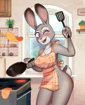  2021 4_fingers absurd_res anthro appliance apron apron_only blush breasts buckteeth claws clothing cookware digital_media_(artwork) disney female finger_claws fingers flipping_pancake food frying_pan fur grey_body grey_fur hi_res holding_frying_pan holding_object holding_spatula holding_tool inside judy_hopps kastoluza kitchen kitchen_appliance kitchen_utensils lagomorph leporid looking_at_viewer mammal mostly_nude one_eye_closed open_mouth open_smile oven pancake purple_eyes rabbit signature smile solo spatula standing teeth tools zootopia 