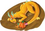  blue_eyes blue_markings dragon feral food fruit gyrotech hi_res higgins_(trashbowser) horn male markings plant pumpkin purple_markings solo yellow_body 