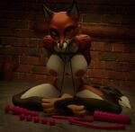  2019 3d_(artwork) anal_beads anthro bdsm bound breasts brick_wall buttplug canid canine claws crossed_legs digital_media_(artwork) dildo female fox front_view gold97fox hands_behind_back looking_at_viewer mammal nipples nude pipe plug_(sex_toy) sex_toy solo wall_(structure) 