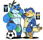  abs ace_(animal_crossing) animal_crossing anthro avian ball bam_(animal_crossing) big_bulge big_muscles bird bodily_fluids bulge cervid clothing detailed_bulge duo genital_outline hexdisciple huge_bulge jockstrap male male/male mammal muscular muscular_male nintendo pecs penis_outline pubes smile soccer_ball sweat tennis_racket towel underwear video_games 