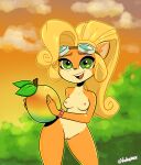  absurd_res activision anthro bandicoot breasts coco_bandicoot crash_bandicoot_(series) eyewear eyewear_on_head female food fruit genitals goggles goggles_on_head hi_res looking_at_viewer mammal marsupial nude open_mouth open_smile plant pussy small_breasts smile solo video_games vuduplex wumpa_fruit 