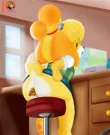  absurd_res animal_crossing anthro anus canid canine canis clothing domestic_dog feces female hi_res isabelle_(animal_crossing) looking_back mammal moon_pearl nintendo office pooping raised_tail scat smile solo succubi_samus video_games 