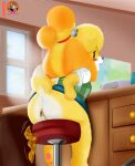  absurd_res animal_crossing anthro anus canid canine canis clothing domestic_dog feces female hi_res isabelle_(animal_crossing) looking_back mammal moon_pearl nintendo office pooping raised_tail scat smile solo succubi_samus video_games 