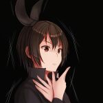  1girl alternate_costume black_shirt bow brown_eyes brown_hair fumei_(mugendai) hair_bow hair_ribbon hands_on_own_chest high_collar ribbon shirt short_hair solo surprised touhou usami_renko 