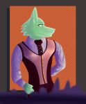  absurd_res canid canine canis clothed clothing corset corset_suit fur goo_creature green_body green_eyes green_fur green_skin hands_behind_back hi_res hybrid lingerie mammal morinkashi necktie purple_clothing red_background simple_background slime smile solo topwear wolf 