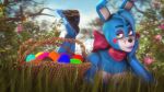  2019 3d_(artwork) absurd_res animatronic anthro basket blue_body bonnie_(fnaf) container digital_media_(artwork) easter easter_basket easter_egg female five_nights_at_freddy&#039;s front_view gold97fox grass green_eyes hi_res holidays lagomorph leporid looking_at_viewer machine mammal nude outside plant rabbit robot smile solo video_games 