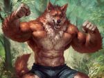  2021 4:3 anthro biceps bottomwear canid canine clothing detailed_background fur hi_res male mammal muscular muscular_anthro muscular_male nipples outside pecs plant solo taran_fiddler tree were werecanid werecanine werewolf 