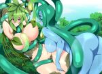  2girls :d armpits ass blue_slime breasts commentary dryad english_commentary green_eyes green_hair hair_over_one_eye huge_breasts kii_(monster_musume) large_breasts leaf lindaroze monster_girl monster_musume_no_iru_nichijou multiple_girls nude plant_girl plant_hair purple_eyes restrained slime_girl smile suu_(monster_musume) tentacles thighs tree web_address yuri 