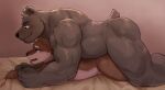  2021 absurd_res anthro bed bed_sheet bedding blush brown_body brown_fur canid canine collar digital_drawing_(artwork) digital_media_(artwork) duo fist from_behind_position fur furniture grabbing_sheets hi_res male male/male male_penetrated male_penetrating male_penetrating_male mammal musclegut muscular muscular_anthro muscular_male open_mouth penetration pinned sex shaded short_tail size_difference smile speed_bump_position teeth teeth_showing thrisker tongue tongue_out ursid 