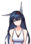  1girl animal_ears arknights bangs bare_shoulders blaze_(arknights) blue_eyes blue_hair breasts cleavage closed_mouth collarbone constantine-xii eyebrows_visible_through_hair hair_between_eyes light_blue_eyes long_hair looking_at_viewer medium_breasts shirt smile solo upper_body white_background white_shirt 