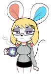  absurd_res accessory animal_crossing anthro blue_inner_ear clothing coffee_mug eyewear female glasses hair_accessory hair_bow hair_ribbon hi_res looking_at_viewer mammal mouse murid murine nintendo onibi pencil_(object) petri_(animal_crossing) red_inner_ear ribbons rodent solo steam sweater tight_clothing tight_sweater tight_topwear topwear video_games 