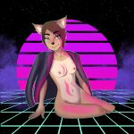  80&#039;s_theme anonymous_artist anthro bent_legs blue_eyes bottomless brown_body brown_fur brown_hair cervid clothed clothing covering covering_crotch eye_through_hair female fur hair hi_res jacket lexi_leason looking_at_viewer mammal seductive smile smirk solo space topwear translucent translucent_hair vaporwave 