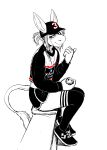  anthro asinus baseball_cap beverage_can clothing dolphin_shorts donk donkey equid equine footwear hair hat headgear headwear hi_res hladilnik legwear male mammal nascar ponytail sitting socks solo spot_color thigh_highs thigh_socks 