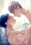  2boys after_kiss bangs bara blue_eyes brown_eyes eye_contact glasses looking_at_another lying male_focus multiple_boys muscular muscular_male nipples on_back open_mouth original pectorals pillow saliva saliva_trail short_hair silver_hair sweat tongue tongue_out upper_body xxxxchild yaoi 