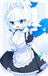  2021 5_fingers accessory ahoge anthro apron bella_(devil-vox) big_breasts blue_body blue_eyes blue_fur blue_hair blush blush_lines bracelet breasts canid canine choker claws cleavage clothed clothing cute_fangs devil-vox dipstick_tail dress ear_piercing female finger_claws fingers fox frilly frilly_clothing fur hair hair_accessory hairclip happy hi_res jewelry kemono maid_uniform mammal markings multicolored_body multicolored_fur multicolored_hair necklace open_mouth open_smile piercing portrait smile solo tail_markings three-quarter_portrait tongue uniform white_body white_fur white_hair 