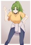  1girl absurdres blush border breasts clothes_around_waist code_nt denim english_text gradient gradient_background green_eyes green_hair grey_background grey_sweater hand_on_hip highres higurashi_no_naku_koro_ni jeans large_breasts leaning_forward looking_at_viewer outside_border pants ponytail shirt smile solo sonozaki_mion sweater sweater_around_waist waving white_border yellow_shirt 