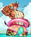  absurd_res anthro armpit_hair big_pecs body_hair bottomwear bulge clothing cloud eyewear giraffe giraffid hi_res inflatable inner_tube male mammal mankini marlon.cores muscular muscular_anthro muscular_male nipples outside partially_submerged pecs sea shorts sky solo spots spotted_body sunglasses water 