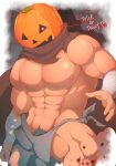  1boy abs bara blood blood_splatter brown_cloak bulge cloak crow_(siranui) eye_trail feet_out_of_frame glowing glowing_eye halloween halloween_costume highres large_pectorals loincloth looking_at_viewer male_focus male_pubic_hair muscular muscular_male navel nipples original pectorals penis penis_peek pubic_hair pubic_hair_peek pumpkin_hat red_eyes solo stomach thick_thighs thighs topless_male trick_or_treat 