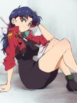  1girl absurdres aetherion bare_legs blue_hair breasts covered_nipples cropped_jacket crossed_legs dress feet_out_of_frame highres jacket katsuragi_misato large_breasts long_hair looking_to_the_side neon_genesis_evangelion on_floor purple_hair red_eyes red_jacket short_dress sitting solo zipper 