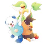  26tumugi :d blue_eyes brown_eyes closed_mouth commentary_request fang full_body happy looking_at_viewer no_humans open_mouth oshawott pokemon pokemon_(creature) red_eyes simple_background smile snivy sparkle starter_pokemon_trio tepig white_background 