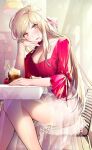  1girl blonde_hair blouse blurry blurry_background blush bracelet breasts chair cleavage cup drink drinking_glass elbow_rest elbows_on_table english_commentary feet_out_of_frame from_side ga-young_son glint hair_ribbon hana_lee_(mougmougko) head_rest head_tilt hero_manager highres ice ice_cube indoors jewelry large_breasts layered_skirt long_hair long_skirt looking_at_viewer miniskirt nail_polish necklace orange_eyes pencil_skirt ribbon ring see-through sitting skirt sleeves_past_elbows smile solo spoon table yellow_nails 