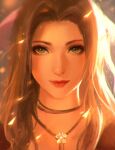  1girl aerith_gainsborough brown_hair chaosringen choker closed_mouth eyelashes final_fantasy final_fantasy_vii final_fantasy_vii_remake flower green_eyes highres jewelry light_particles light_smile long_hair looking_at_viewer pendant portrait smile solo straight-on 