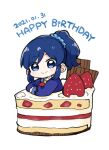  1girl aikatsu! aikatsu!_(series) bangs blue_eyes blue_hair blue_jacket blue_scrunchie blush cake cake_slice chibi closed_mouth commentary_request dated eyebrows_visible_through_hair food fruit hair_ornament hair_scrunchie happy_birthday hitomiz in_food jacket kiriya_aoi long_sleeves looking_at_viewer ponytail school_uniform scrunchie simple_background smile solo strawberry white_background 