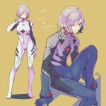  1boy ayanami_rei ayanami_rei_(cosplay) bulge commentary_request cosplay dungeon_meshi elf hand_on_own_neck highres jack_(haist) lazy_eye mithrun nagisa_kaworu nagisa_kaworu_(cosplay) neon_genesis_evangelion plugsuit pointy_ears silver_hair sitting standing 