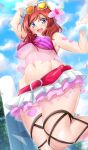  1girl arm_up bikini bikini_skirt blush breasts embarrassed eyewear_on_head flower groin hair_flower hair_ornament highres hip_bones kirisaki_reina looking_at_viewer love_live! love_live!_school_idol_project medium_hair narrow_waist natsuiro_egao_de_1_2_jump! navel nishikino_maki open_mouth pink_bikini purple_bikini purple_eyes red_hair see-through solo striped striped_bikini sunglasses swimsuit thick_thighs thighs tinted_eyewear two-tone_background underboob wide_hips yellow-tinted_eyewear 