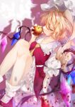  absurdres ahoge apple ascot blonde_hair bloomers blurry blurry_background blurry_foreground breasts calpis118 collarbone commentary crystal feet_out_of_frame flandre_scarlet food frilled_shirt_collar frilled_skirt frills from_side fruit hat highres holding holding_food holding_fruit mary_janes medium_hair mob_cap puffy_short_sleeves puffy_sleeves rainbow_order red_footwear red_skirt red_vest shadow shirt shoes short_sleeves side_ponytail skirt skirt_set small_breasts socks touhou underwear vest white_background white_headwear white_legwear white_shirt wings yellow_ascot 