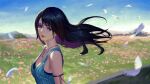  1girl absurdres arm_strap black_hair blue_eyes breasts colored_inner_hair commentary english_commentary feathers field final_fantasy final_fantasy_viii floating_hair flower flower_field head_tilt highres jewelry looking_at_viewer medium_breasts medium_hair mountain multicolored_hair necklace phamoz pink_flower pink_hair rinoa_heartilly smile solo 