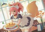  1girl animal_ear_fluff animal_ears animal_hands apron bell breasts cat_paws cleavage collar elsa_(g557744) eyebrows_visible_through_hair fang fate/grand_order fate_(series) flower food fox_ears fox_girl fox_tail gloves hair_ribbon indoors jingle_bell large_breasts long_hair neck_bell omelet one_eye_closed open_mouth paw_gloves paw_shoes pink_hair ponytail red_ribbon ribbon solo tail tamamo_(fate) tamamo_cat_(fate) vegetable white_legwear yellow_eyes 