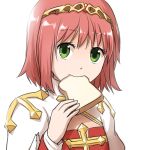  1girl arch_bishop_(ragnarok_online) bangs circlet cleavage_cutout closed_mouth clothing_cutout commentary_request cross dress eyebrows_visible_through_hair food food_in_mouth green_eyes juliet_sleeves long_sleeves looking_at_viewer mouth_hold natsuya_(kuttuki) pink_hair puffy_sleeves ragnarok_online red_dress short_hair simple_background solo toast toast_in_mouth two-tone_dress upper_body white_background white_dress 
