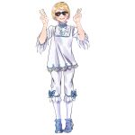  1boy ace_attorney apollo_justice:_ace_attorney bad_link blonde_hair blush highres jewelry katsurbusa machi_tobaye male_focus necklace open_mouth ribbon shirt solo sunglasses v white_background white_shirt 
