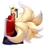  1girl animal_ear_fluff animal_ears bangs blonde_hair blush breasts crossed_bangs fox_ears fox_girl fox_tail full_body hair_between_eyes hat highres hirume_of_heavenly_incense kitsune korean_clothes kumiho last_origin looking_at_viewer looking_to_the_side multiple_tails official_art open_mouth smile snowball22 solo tachi-e tail transparent_background wide_sleeves yellow_eyes 