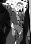  2boys bar_censor bara blush censored crow_(siranui) cum cum_string erection feet_out_of_frame formal from_below greyscale handjob highres invisible_man male_focus monochrome multiple_boys muscular muscular_male necktie open_fly original public_indecency reach-around short_hair sideburns thick_thighs thighs train_interior yaoi 