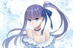  1girl bare_shoulders blue_eyes blue_ribbon breasts choker collar collarbone earrings elsa_(g557744) fate/grand_order fate_(series) frilled_collar frills hair_ribbon jewelry looking_at_viewer meltryllis_(fate) meltryllis_(swimsuit_lancer)_(fate) purple_hair ribbon small_breasts smile solo twintails upper_body water white_background 