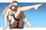  1girl absurdres alternate_costume anklet ass bangs barefoot bikini bikini_skirt black_hairband breasts cleavage collarbone commentary corrin_(fire_emblem) corrin_(fire_emblem)_(female) english_commentary feet fire_emblem fire_emblem_fates fire_emblem_heroes grey_hair grin hair_between_eyes hairband highres jewelry leg_up lips long_hair looking_at_viewer manakete medium_breasts official_alternate_costume pink_lips pointy_ears red_eyes signature sitting skirt smile solo swimsuit teeth toenails white_bikini white_skirt white_swimsuit x_xith_x 