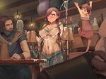  2girls 5boys alcohol areola_slip areolae bangs barmaid beer blush braid breasts brown_hair child collarbone covered_navel covered_nipples durin_(liangzi_tai_hongcha) highres holding indoors large_breasts liangzi_tai_hongcha long_hair multiple_boys multiple_girls navel_piercing original piercing slit_pupils stomach tears twin_braids twintails wet wine 
